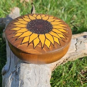 Handcrafted Wooburned Small Round Sunflower Trinket Box